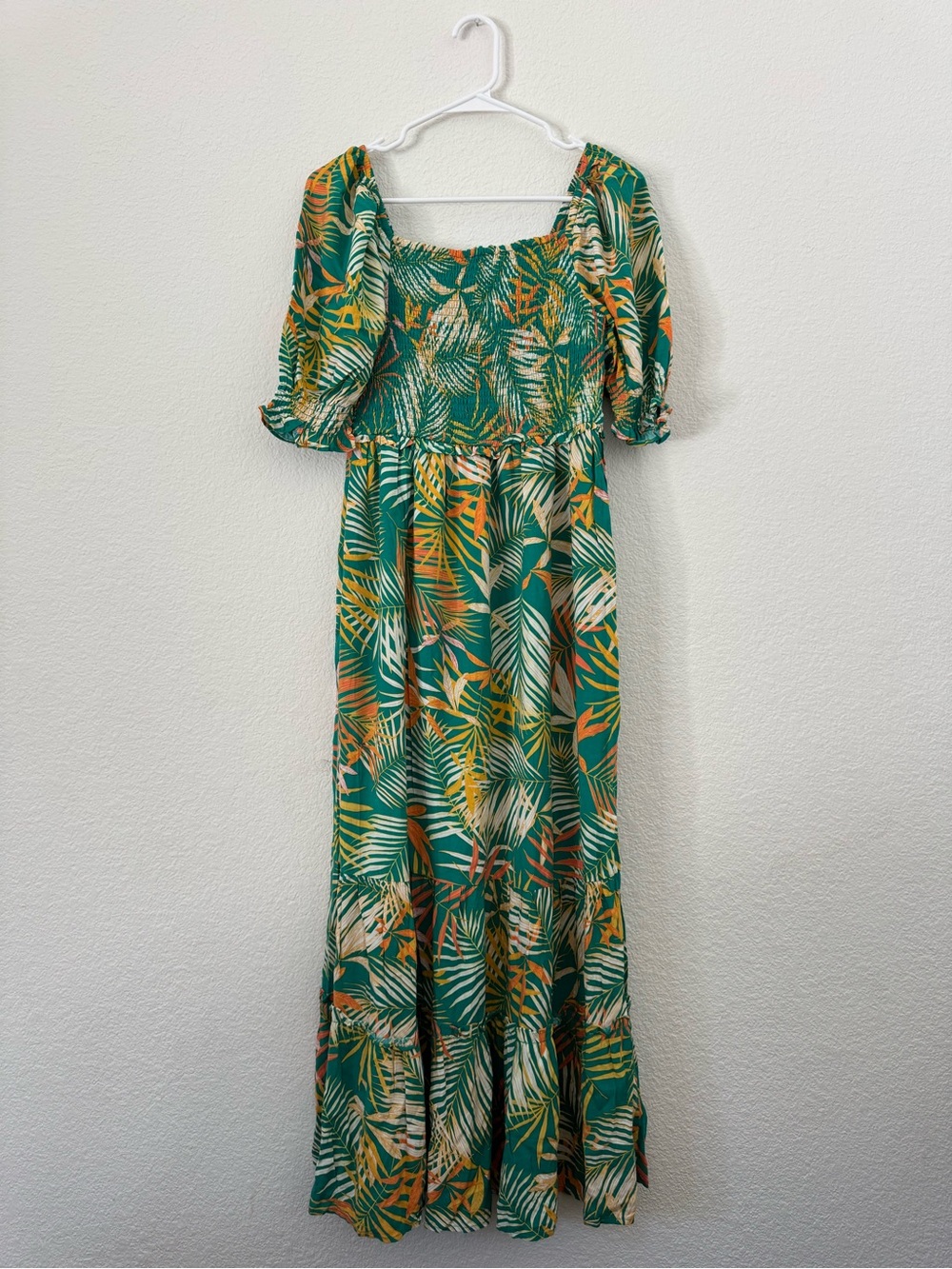 Betsey Johnson Green Tropical Print Smocked Maxi Dress
